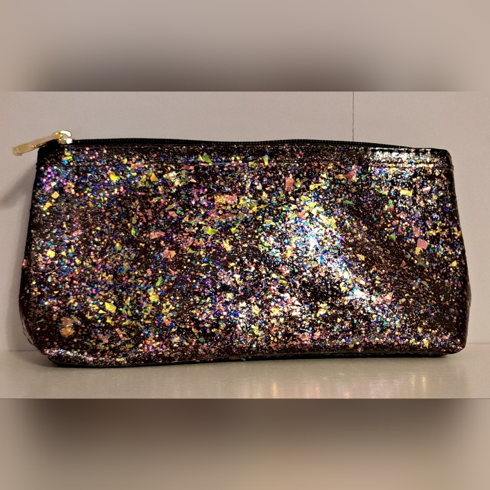 Custom sparkly brown gold pink patent confetti glitter Estee Lauder makeup bag